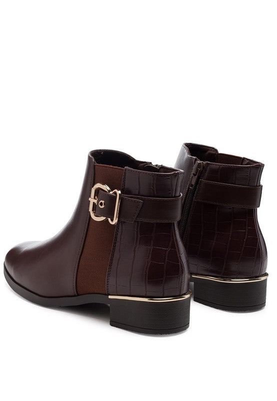 Stylish burgundy croc detail ankle boot for women with a sleek design and side zipper