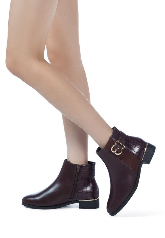 Rag Company croc detail ankle boot for women in brown with stylish side zipper and buckle accent