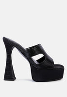 Black Croc High Heel Platform Sandals with Chunky Heel and Stylish Cut-Out Design