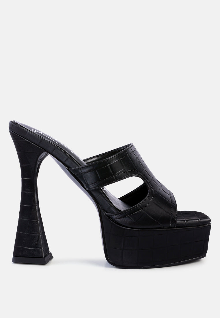 Black Croc High Heel Platform Sandals with Chunky Heel and Stylish Cut-Out Design
