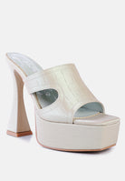 London Rag International Croc High Heel Platform Sandals in Cream with Bold Block Heel