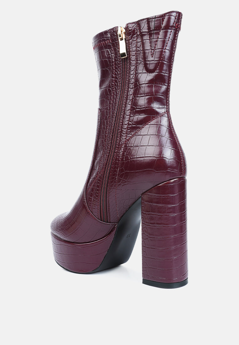 Burgundy London Rag International croc pattern ankle boots with a stylish chunky heel and side zipper