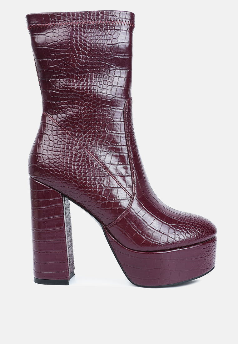 Burgundy croc pattern ankle boots with a chunky heel and platform for stylish elevation