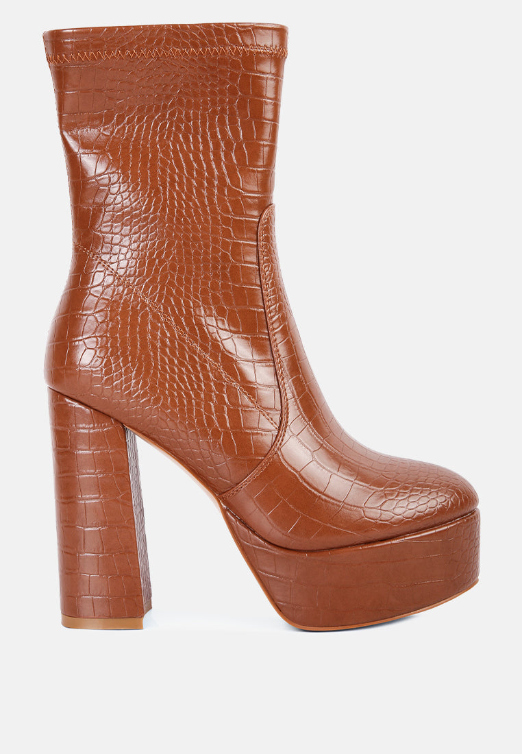 London Rag croc pattern ankle boots in brown with a high block heel for stylish fall outfits