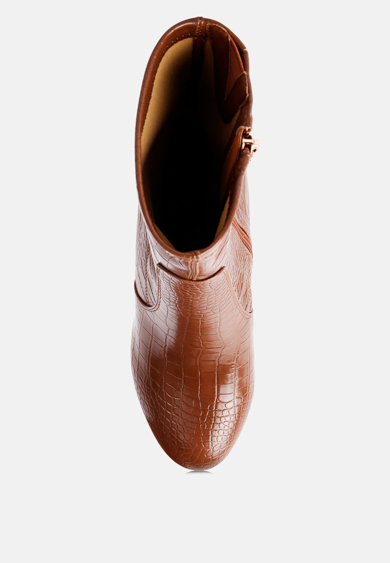 Brown croc pattern ankle boots by London Rag International with a sleek design and zip closure