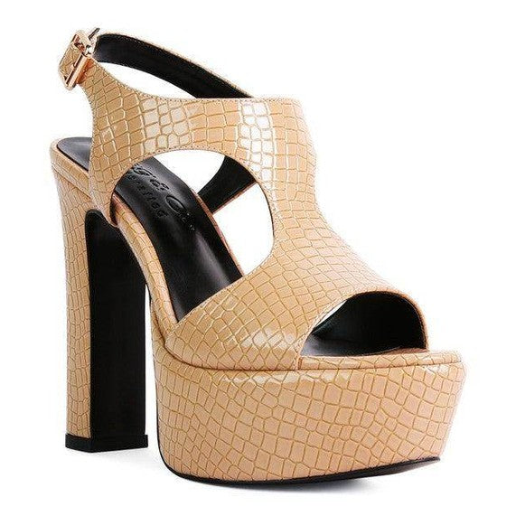Rag Company croc textured high heels in beige with a chunky platform and open toe design