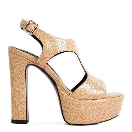 Rag Company croc textured high heels in beige with a platform and ankle strap for stylish elevation