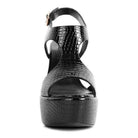 Croc textured high heels in black with a platform and open toe design for stylish women's footwear