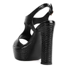 Stylish black croc textured high heels with a chunky platform and back strap for women