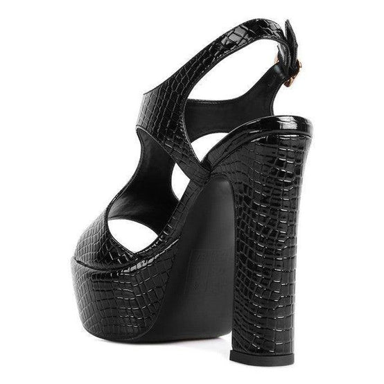 Stylish black croc textured high heels with a chunky platform and back strap for women