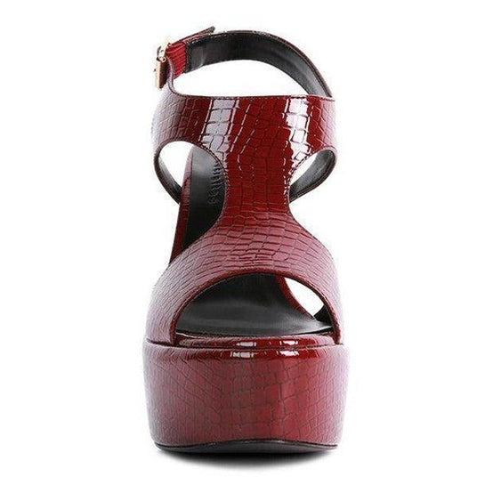 Stylish rag company croc textured high heels in red with platform and open toe design