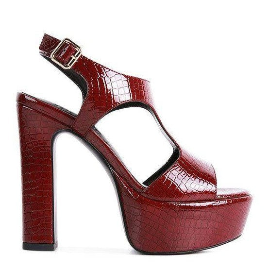 Rag Company croc textured high heels in red with chunky platform and ankle strap for stylish elevation