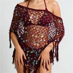 Burgundy crochet shawl pattern with fringe, perfect for beach cover-up