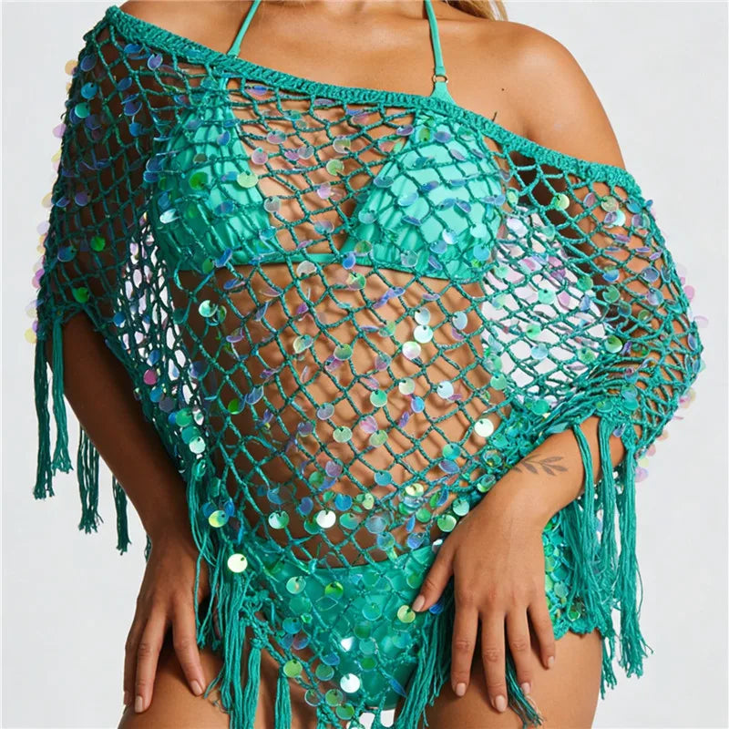 Turquoise crochet shawl pattern beach cover-up with fringe details