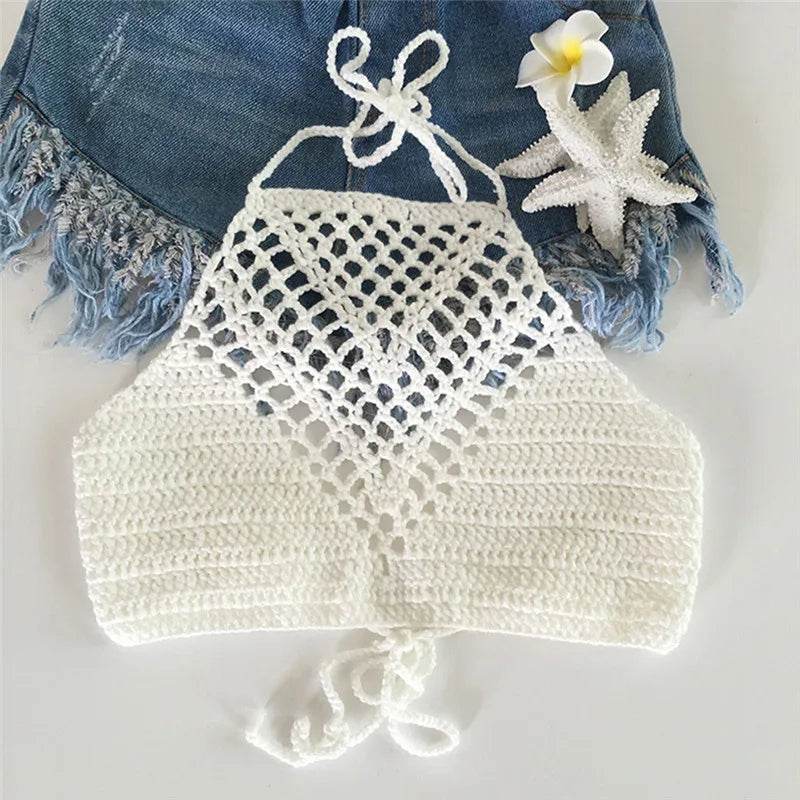 White crochet crop top for summer, perfect beachwear accessory