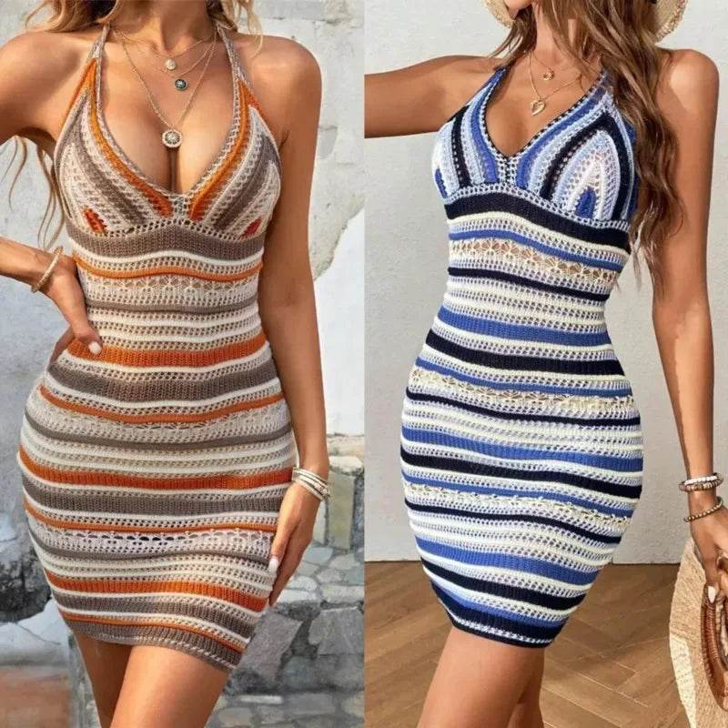 Women's crochet knit halter dress, multicolored, perfect for summer outings