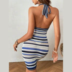 Women's crochet knit halter dress in blue and white, perfect for summer outings