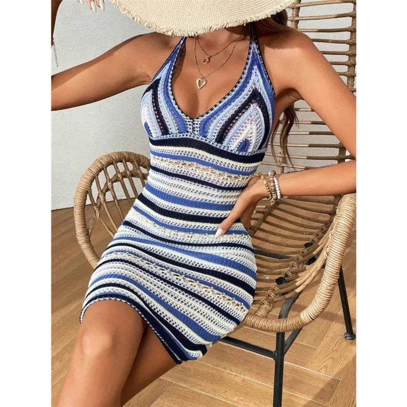 Women's crochet knit halter dress in blue and white, perfect for summer outings