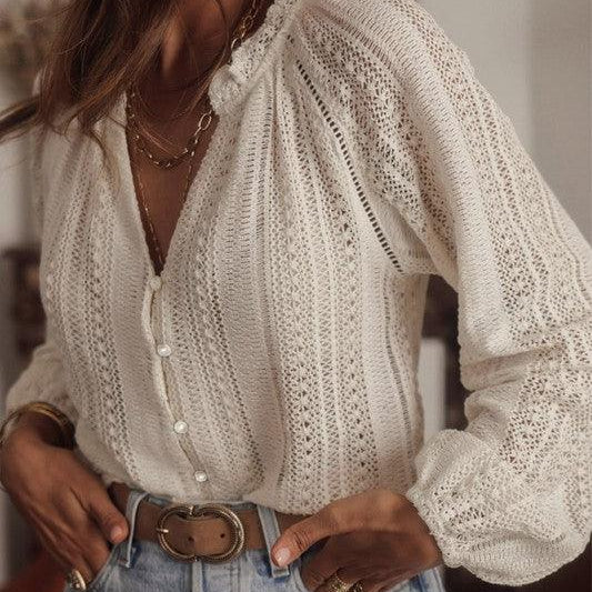 Women's Shirts Crochet Lace button v-neck knit sweater blouse