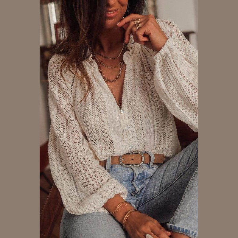 Crochet Lace button v-neck knit sweater blouse - VacationGrabs