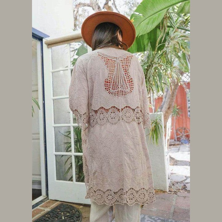 Crochet Open Patch Longline Kimono - VacationGrabs