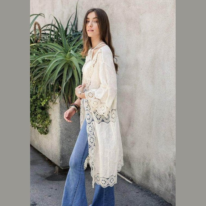Crochet Open Patch Longline Kimono - VacationGrabs