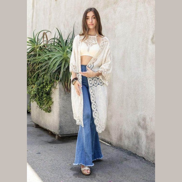 Crochet Open Patch Longline Kimono - VacationGrabs