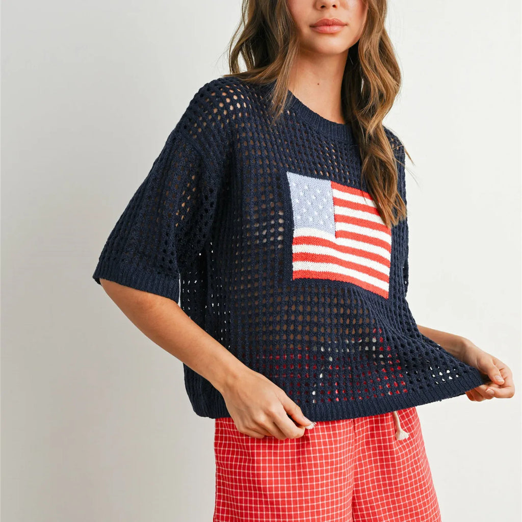 Navy crochet sweater with American flag pattern for stylish layering