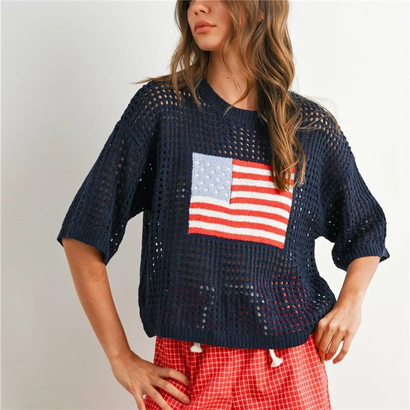 Navy crochet sweater with star and striped flag pattern for casual wear
