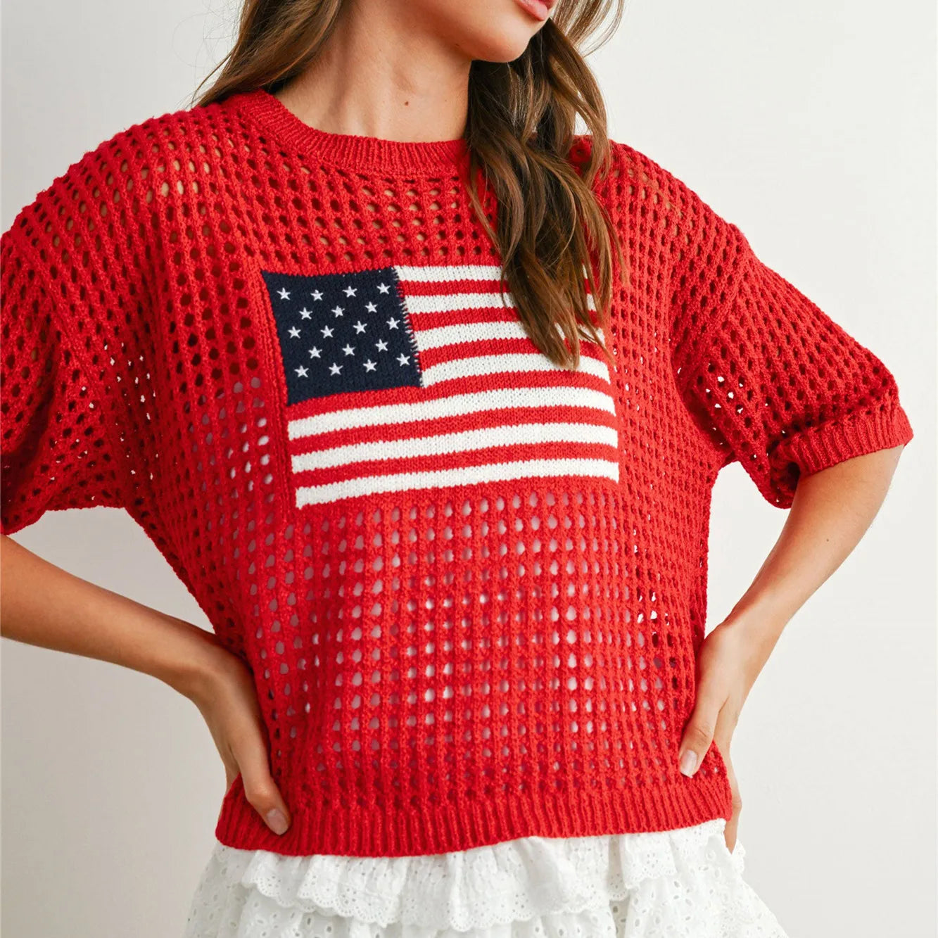 Red crochet sweater with American flag pattern for casual wear