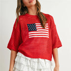 Red crochet sweater with American flag pattern for casual summer wear