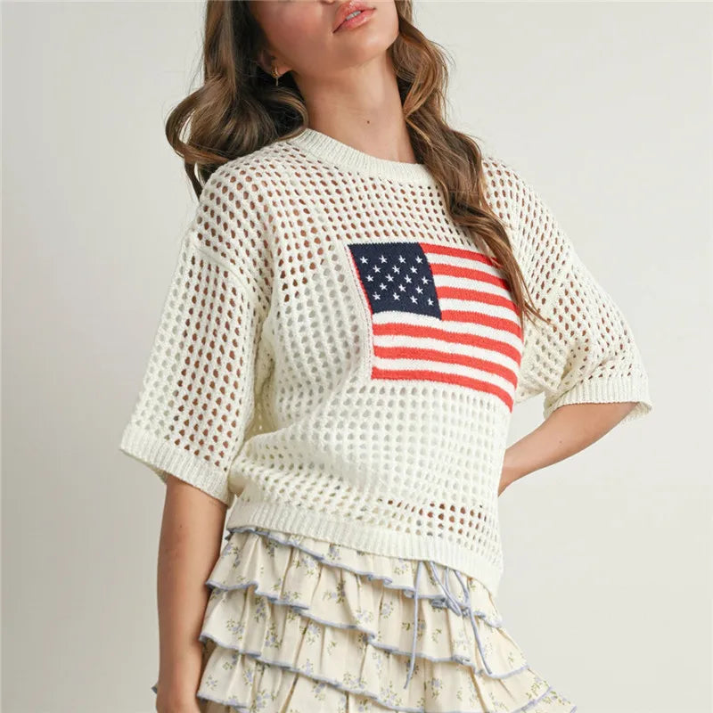 Crochet sweater with American flag pattern for casual outings