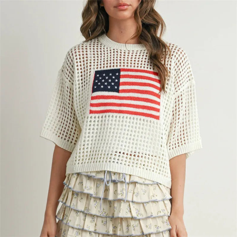 Crochet sweater with American flag pattern for casual outings