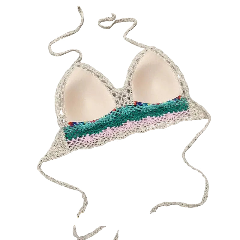 Beige crochet top crochet bikini with colorful lace details for beachwear