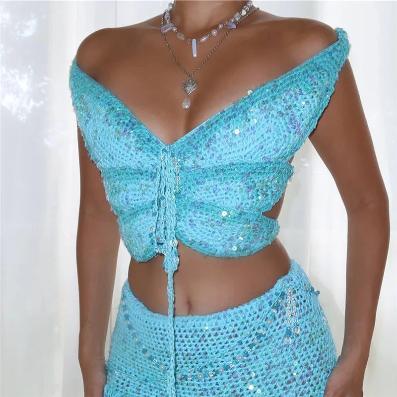 Blue crochet top crop, stylish summer beachwear for women