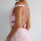 Pink crochet top crop with back tie detail for summer outings