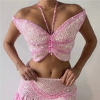 Women's pink crochet top crop, perfect for beachwear or summer outings