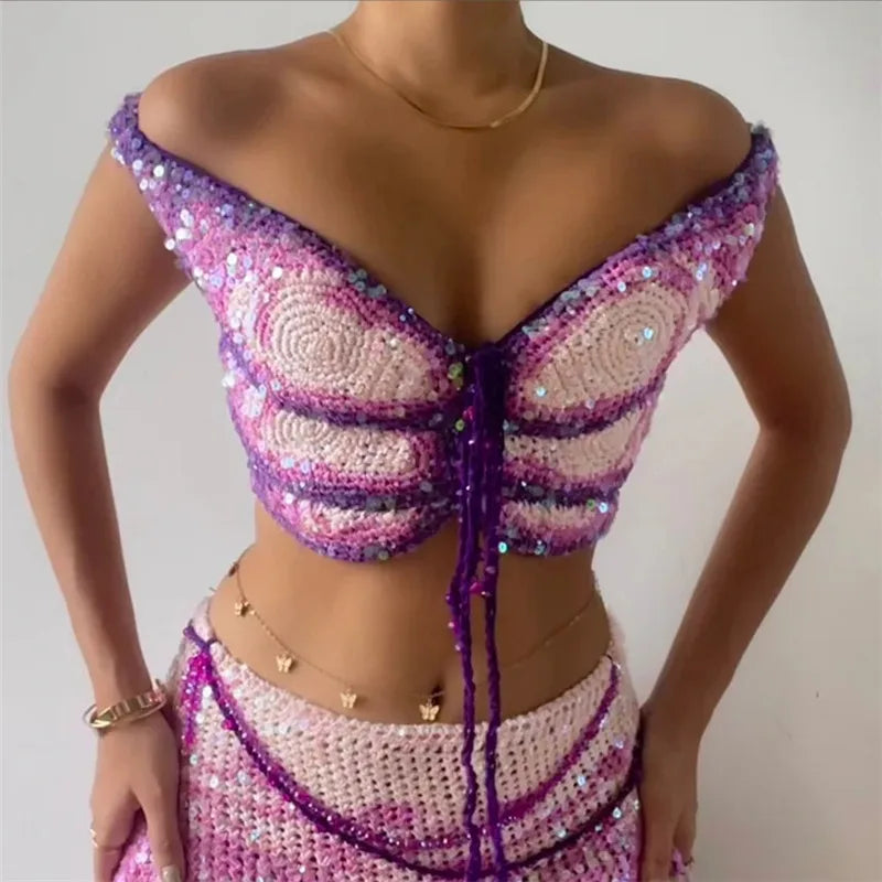 Crochet top crop in pink and purple for summer beach outings
