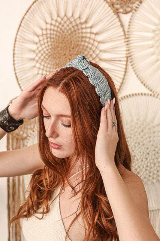 Leto Accessories crochet trim fashion headband worn by a woman with long red hair, styled elegantly