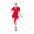 Stylish red women's crochet trim summer playsuit with puff sleeves and a belted waist