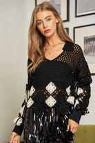 Women's Shirts Crochet V Neck Long Sleeve Knit Sweater Top