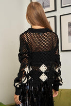 Women's Shirts Crochet V Neck Long Sleeve Knit Sweater Top