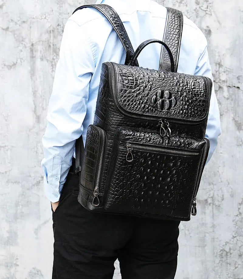 crocodile-pattern leather laptop travel backpack (photo 3 of 10)