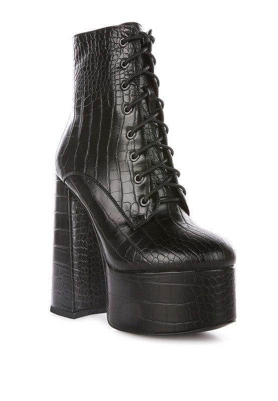 Rag Company crocodile pattern platform boots with a high block heel and lace-up design for stylish elevation