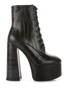 Rag Company crocodile pattern platform boots with high block heels and lace-up design