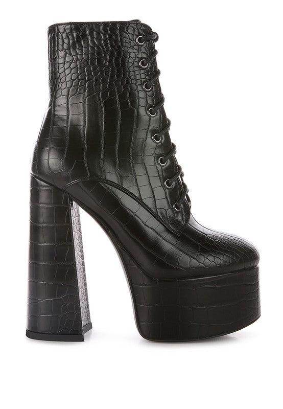 Rag Company crocodile pattern platform boots with high block heels and lace-up design