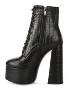 Stylish Rag Company crocodile pattern platform boots with a high heel and zip closure