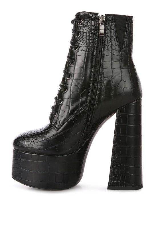 Stylish Rag Company crocodile pattern platform boots with a high heel and zip closure