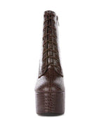 Rag Company crocodile pattern platform boots with a lace-up design in brown for stylish women's footwear