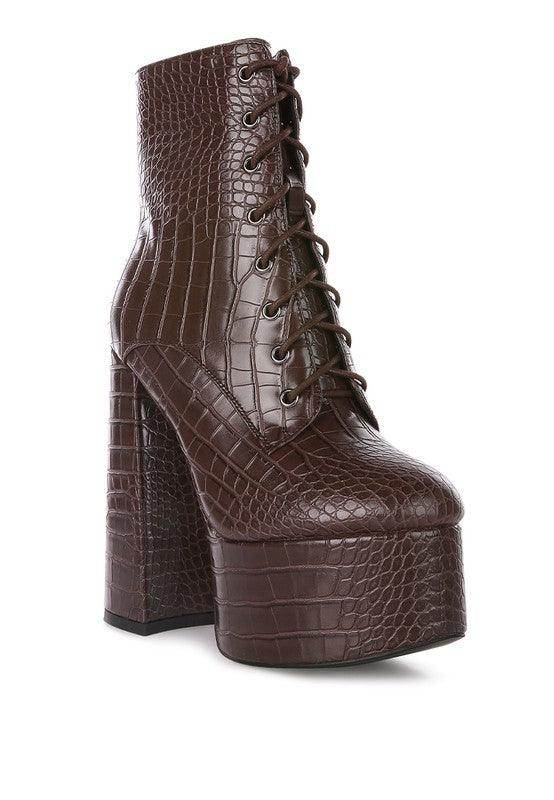 Stylish Rag Company crocodile pattern platform boots with high block heels in rich brown